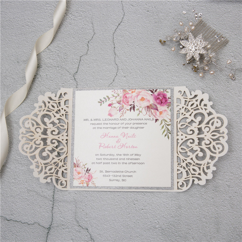 Glitter Papier Lasercut Einladungen Hochzeit WPL0135G