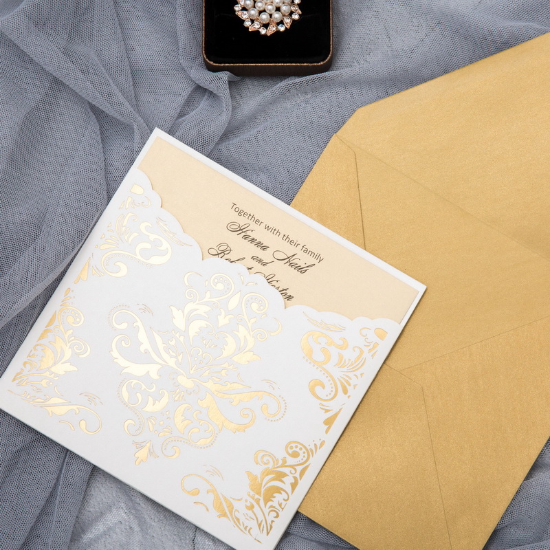 Zierte Damast Motiv Hochzeitseinladungen mit Goldfolien WPL0188F