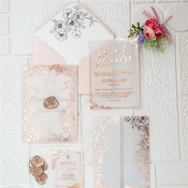 Rosegold Florale Foliendruck Transparente Hochzeitseinladungen WPV0003