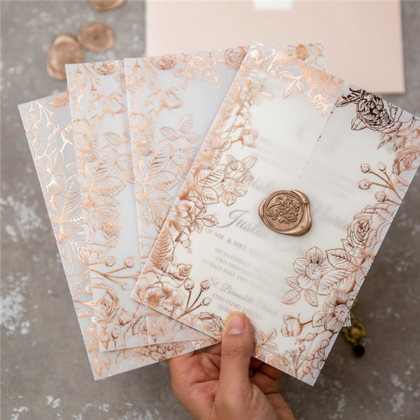 Rosegold Florale Foliendruck Transparente Hochzeitseinladungen WPV0003