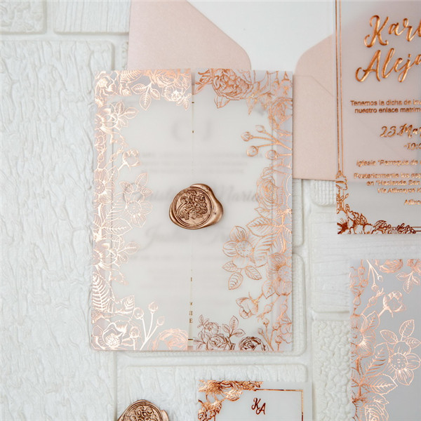 Rosegold Florale Foliendruck Transparente Hochzeitseinladungen WPV0003