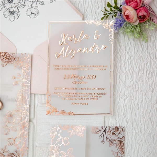 Rosegold Florale Foliendruck Transparente Hochzeitseinladungen WPV0003