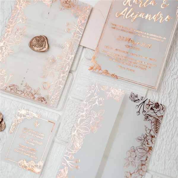 Rosegold Florale Foliendruck Transparente Hochzeitseinladungen WPV0003