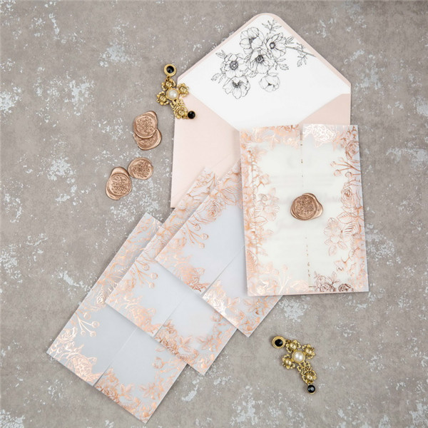 Rosegold Florale Foliendruck Transparente Hochzeitseinladungen WPV0003 - zum Schließen ins Bild klicken